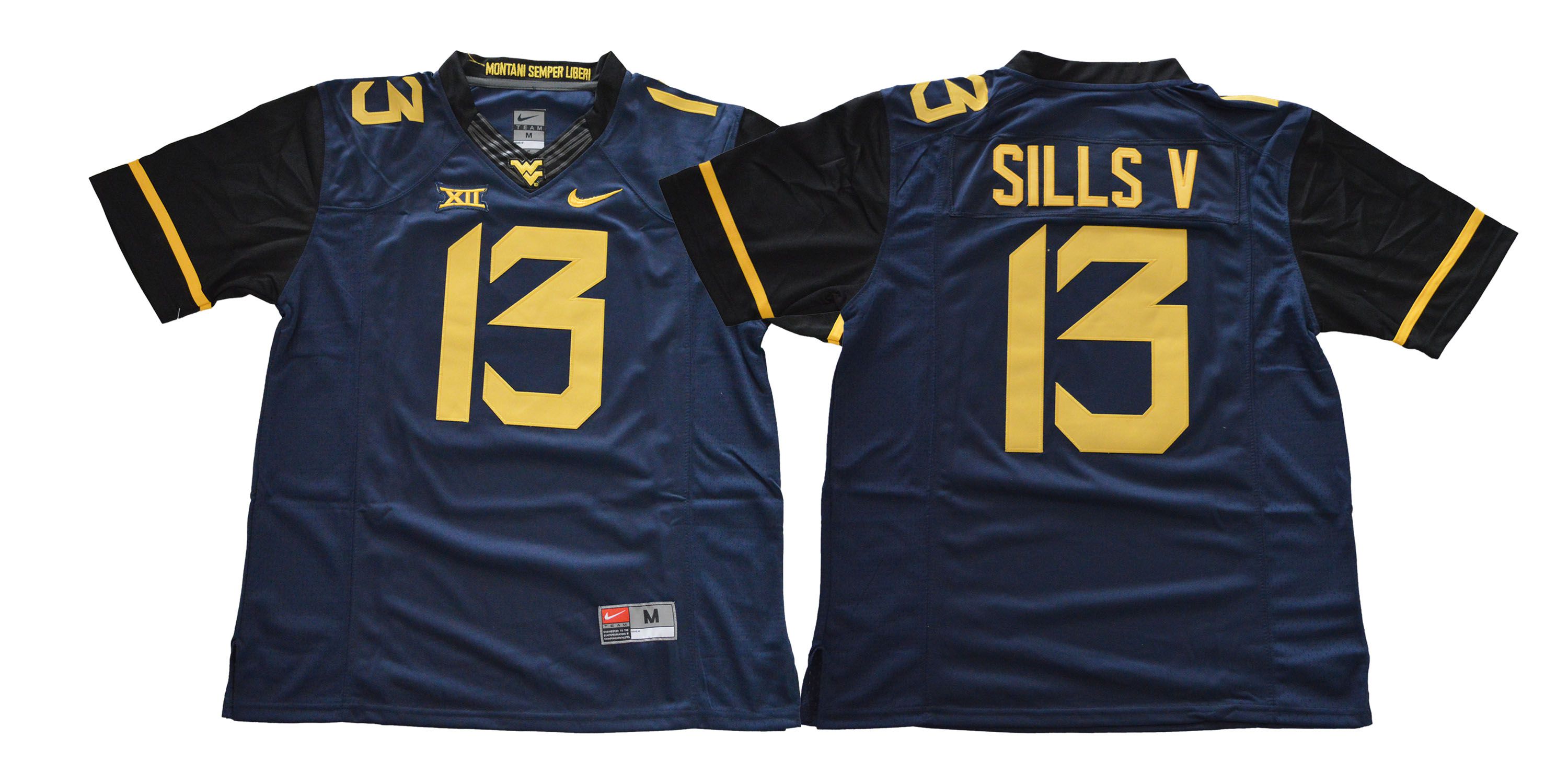 Men West Virginia Mountaineers 13 Sills v Blue NCAA Jerseys